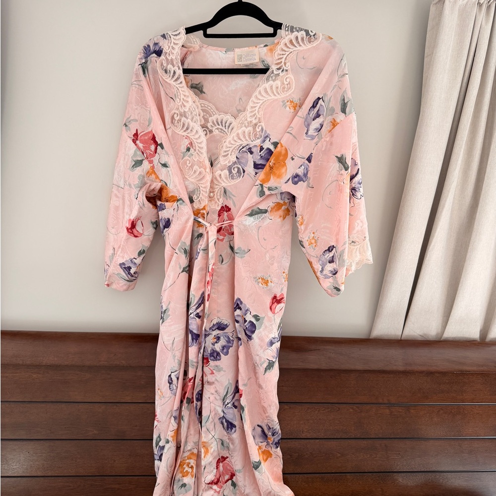 Floral Pink Lace Trim Robe with Matching Night gown